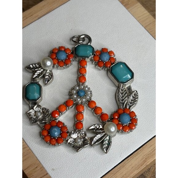 Metallic Floral Peace Sign Pendant With Orange & Turquoise Beads Faux Pearls & S - Picture 4 of 5